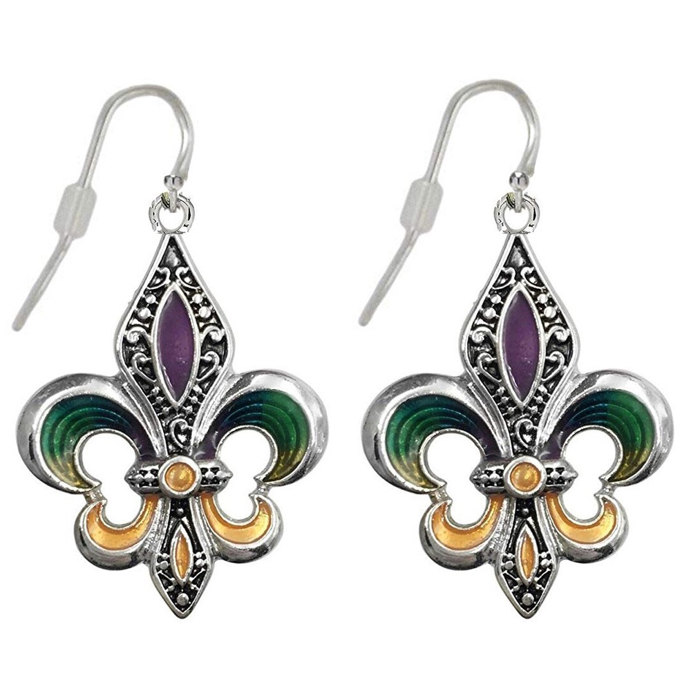 Mardi Gras Fleur De Lis Earrings Dangle Silver Tone with Gift Box