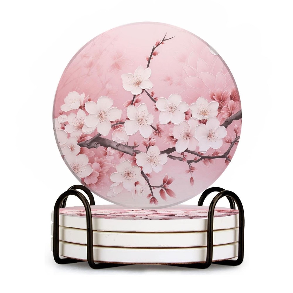 Drinking Coasters with Holder Round Water Absorbent Marble Ceramic Coasters T...