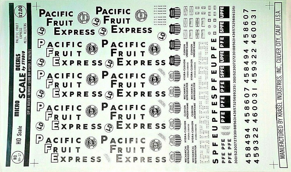 Microscale HO Decals #87-17 Pacific Fruit Express Mechanical Reefers (PFE)