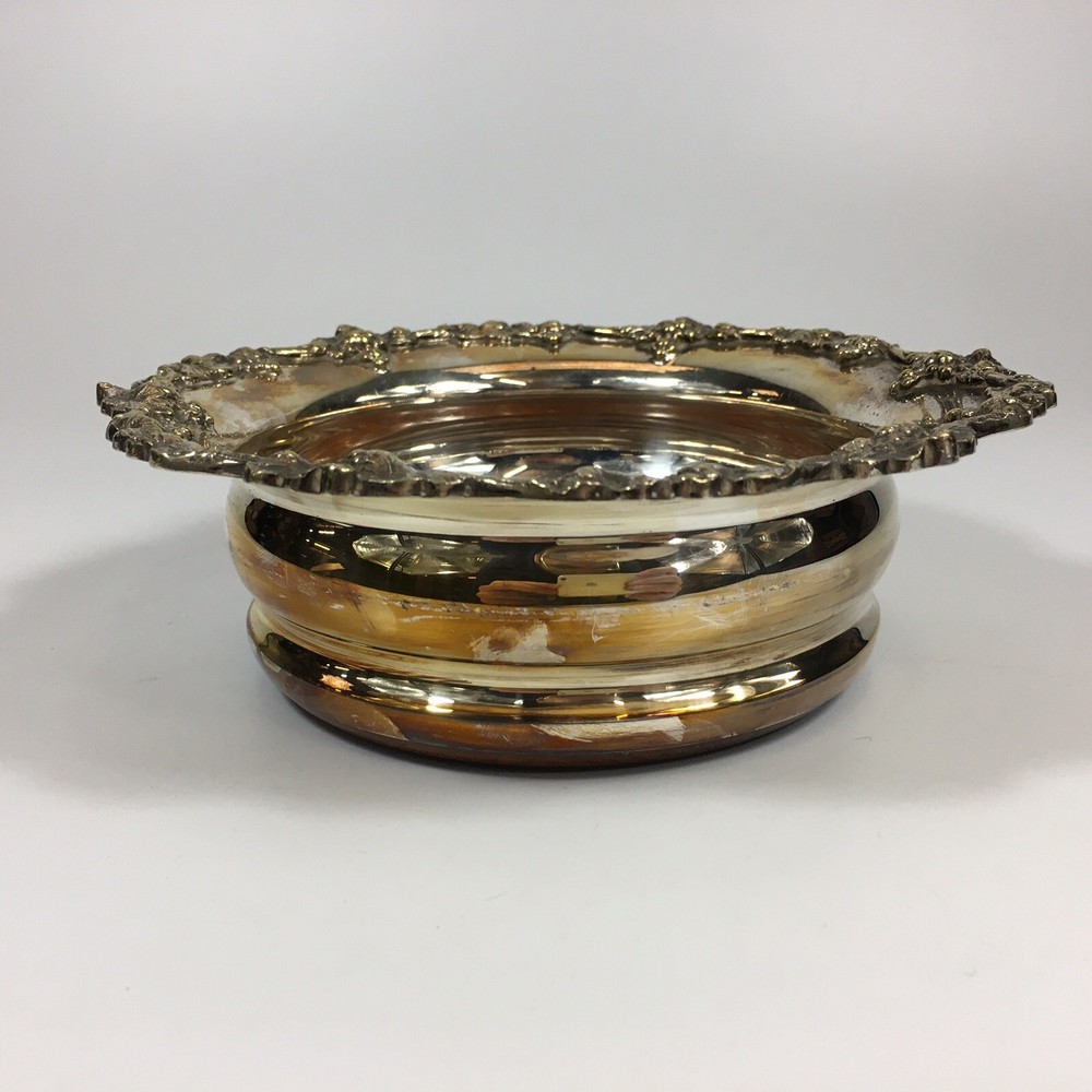 Antique Silver Plated Bottle Coaster Grape & Vine Edge Decoration