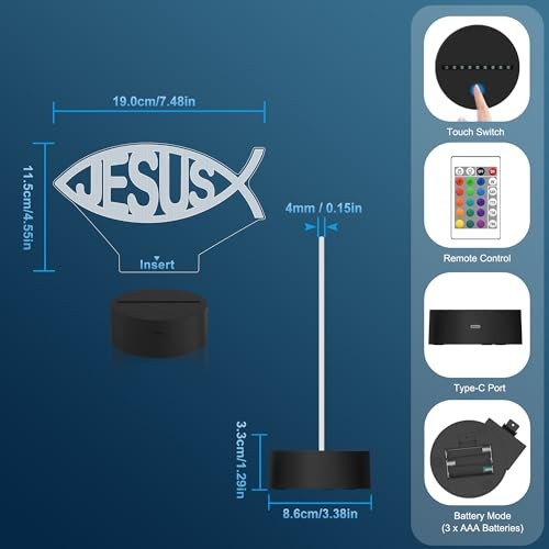 3D Night Light, Illusion Optical Hologram LED Lamp with Remote Control + Jesus
