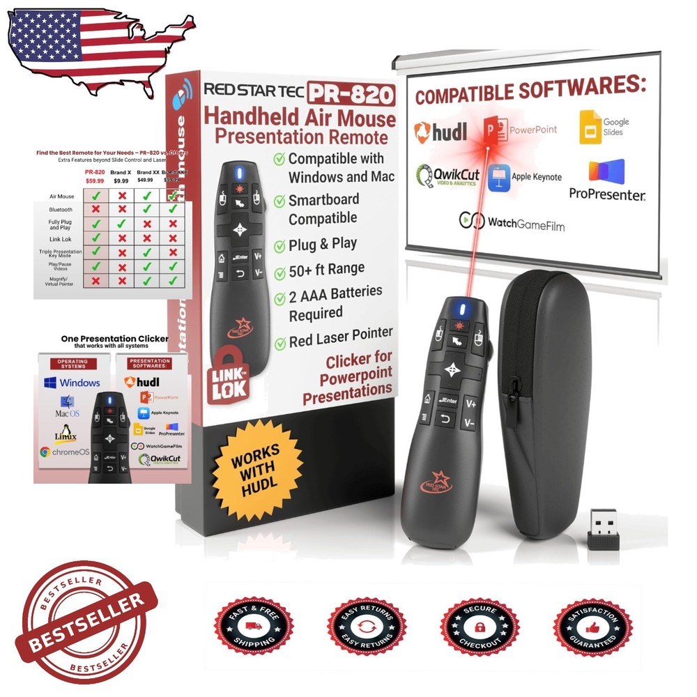 Wireless Presentation Clicker Air Mouse Laser Pointer 50ft RF Plug-Play