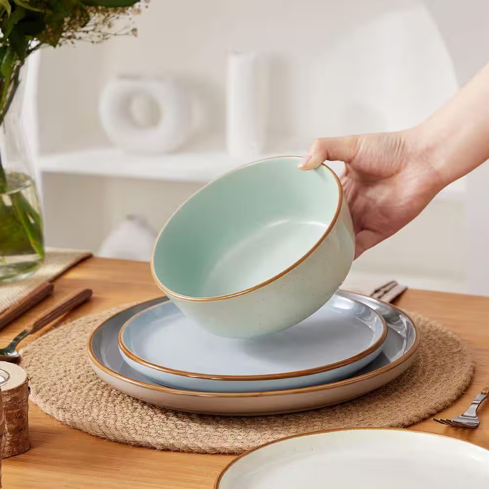 12-Piece Blue Green Beige Gray Stoneware Dinnerware Set Service for 4 Tableware