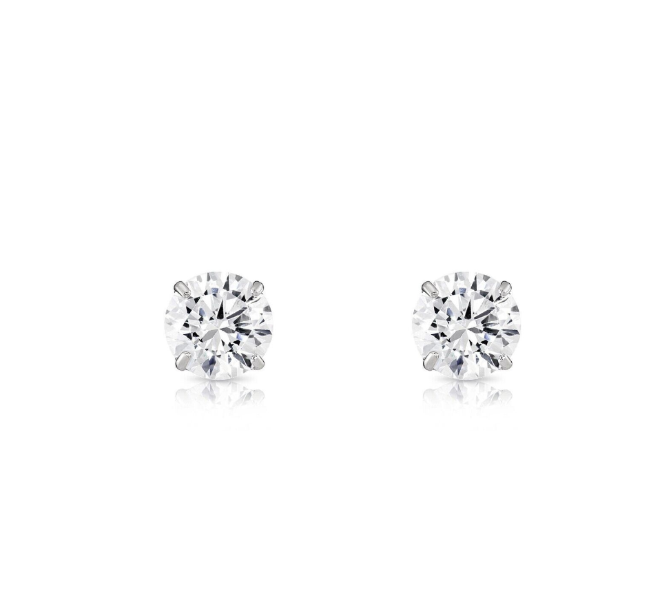 14K Solid Yellow/White Gold Round CZ Stud Earrings Basket Setting 2-10mm