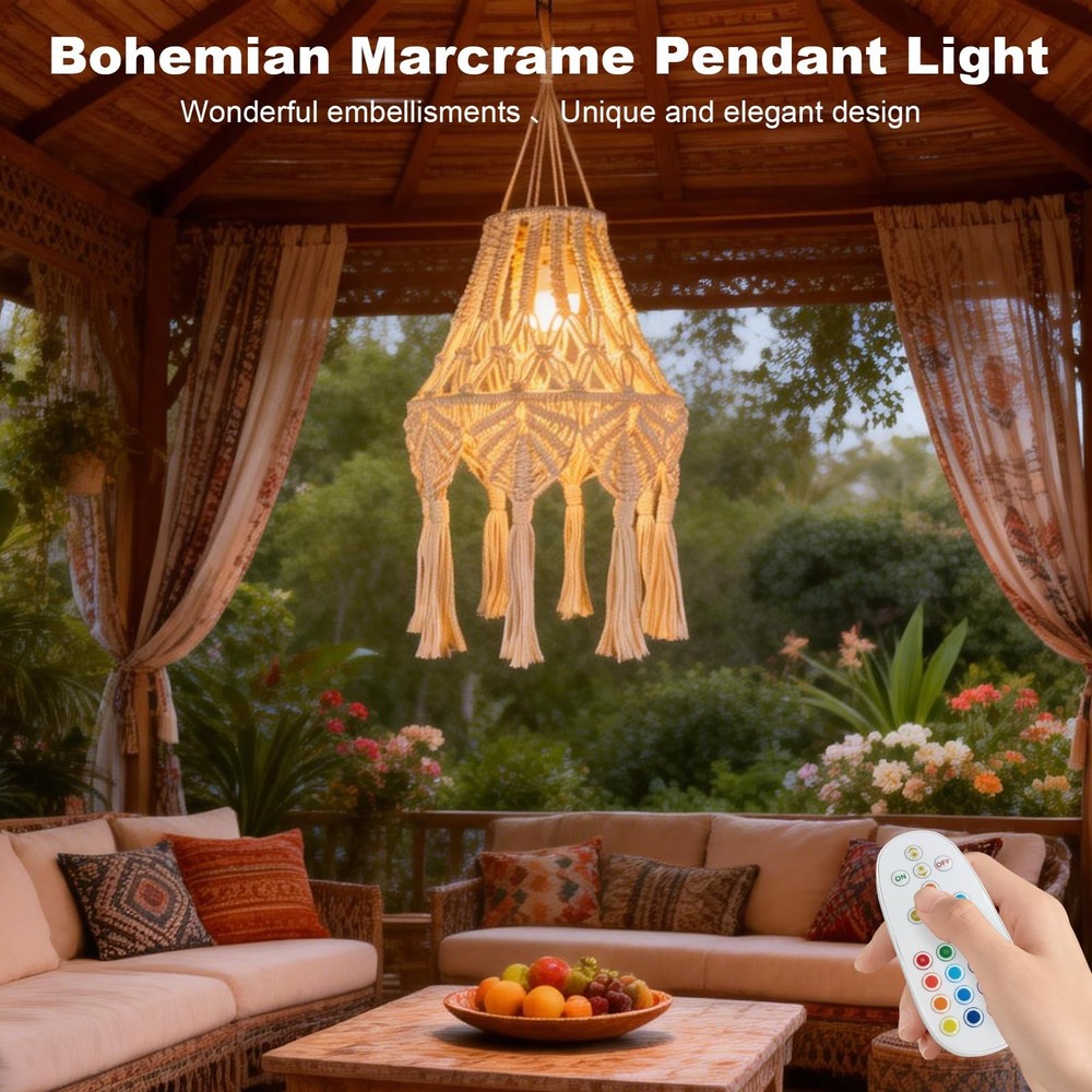 Boho Chic Macrame Pendant Lights with Tassels, Remote Control Dimmable Timer ...