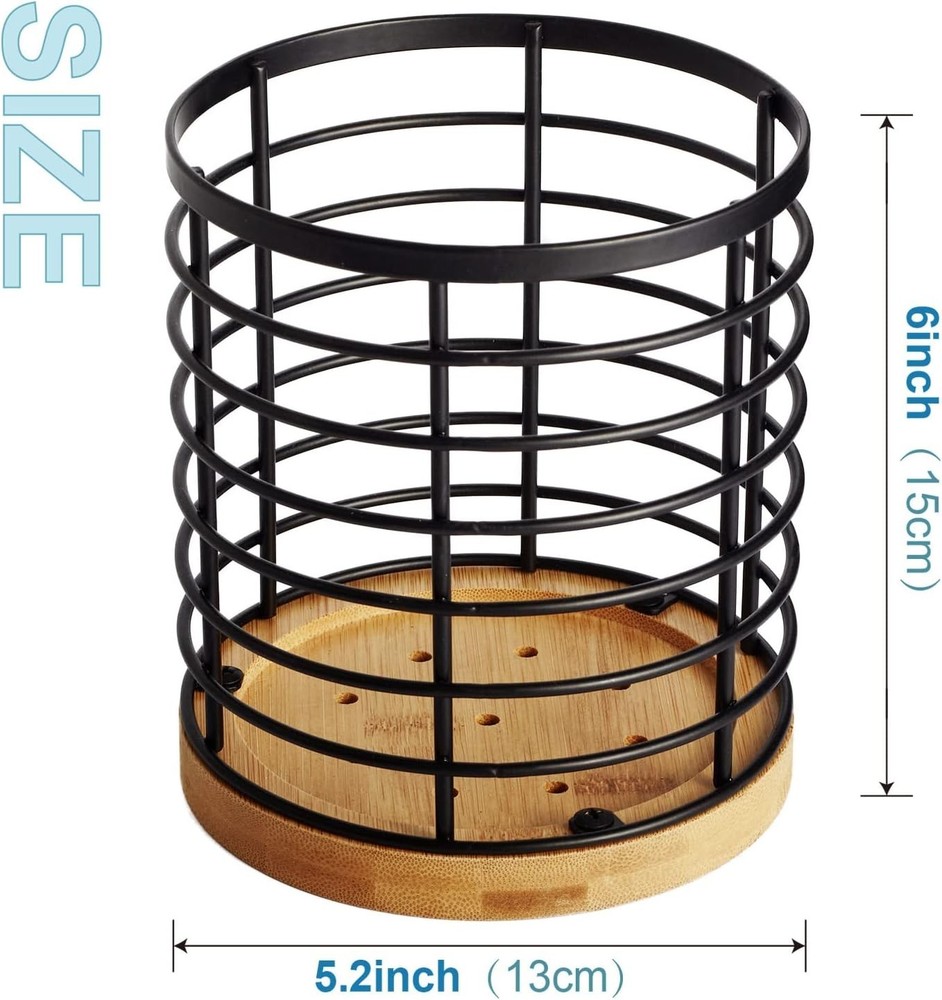 Portautensilios Cocina 5.2x5.2x6Pulg Redondo Base Madera Negro Metal Organizador