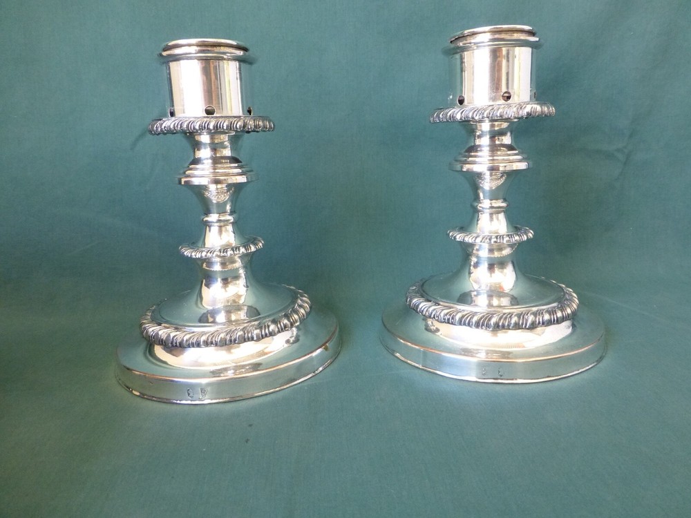 Two Antique Silver on Copper Candle Holders