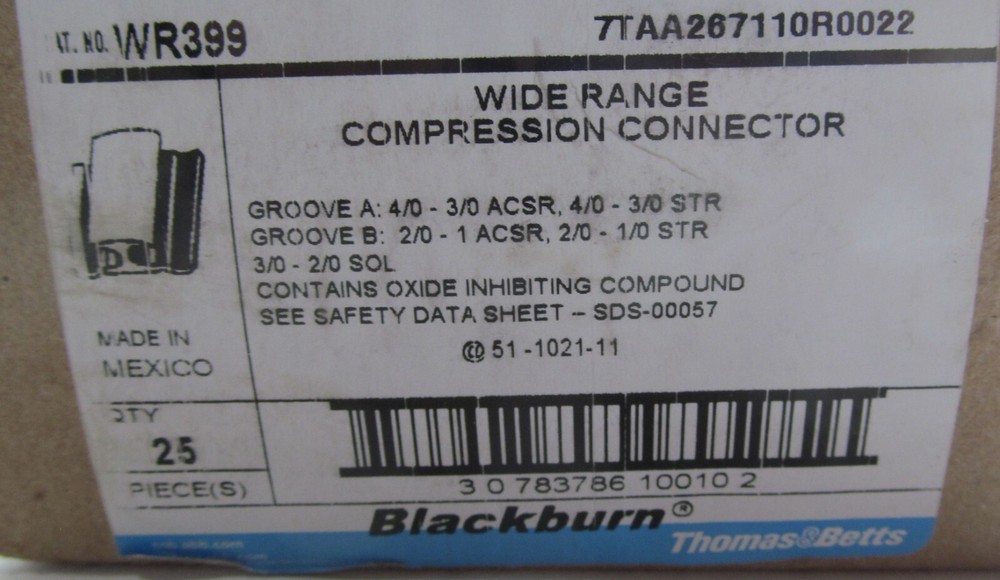 25-PACK THOMAS & BETTS BLACKBURN WR399 WIDE RANGE COMPRESSION CONNECTOR H-TAP