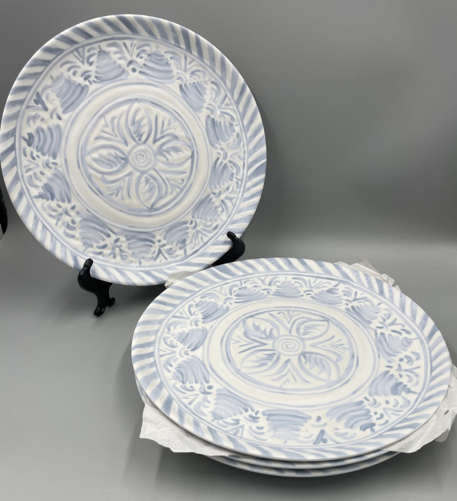 Pottery Barn Chambray Tile Outdoor Melamine Dinner Plates S/4 #D384