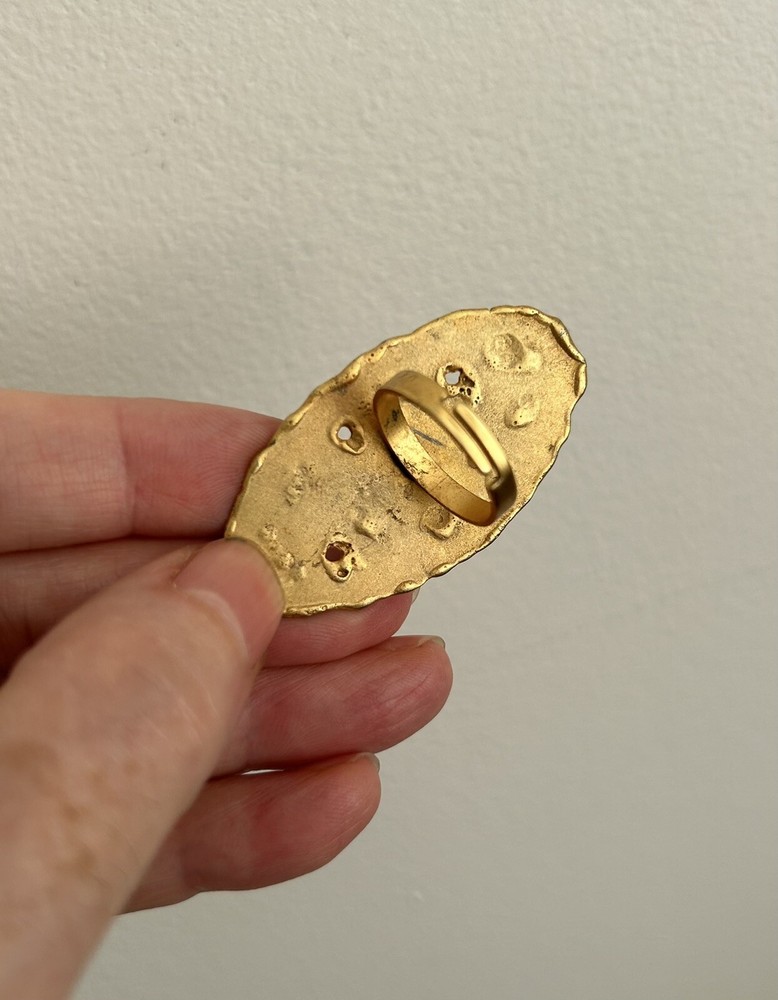 Vintage Large Oval (2" by 1") Hammered Textured Brass Adjustable Ring