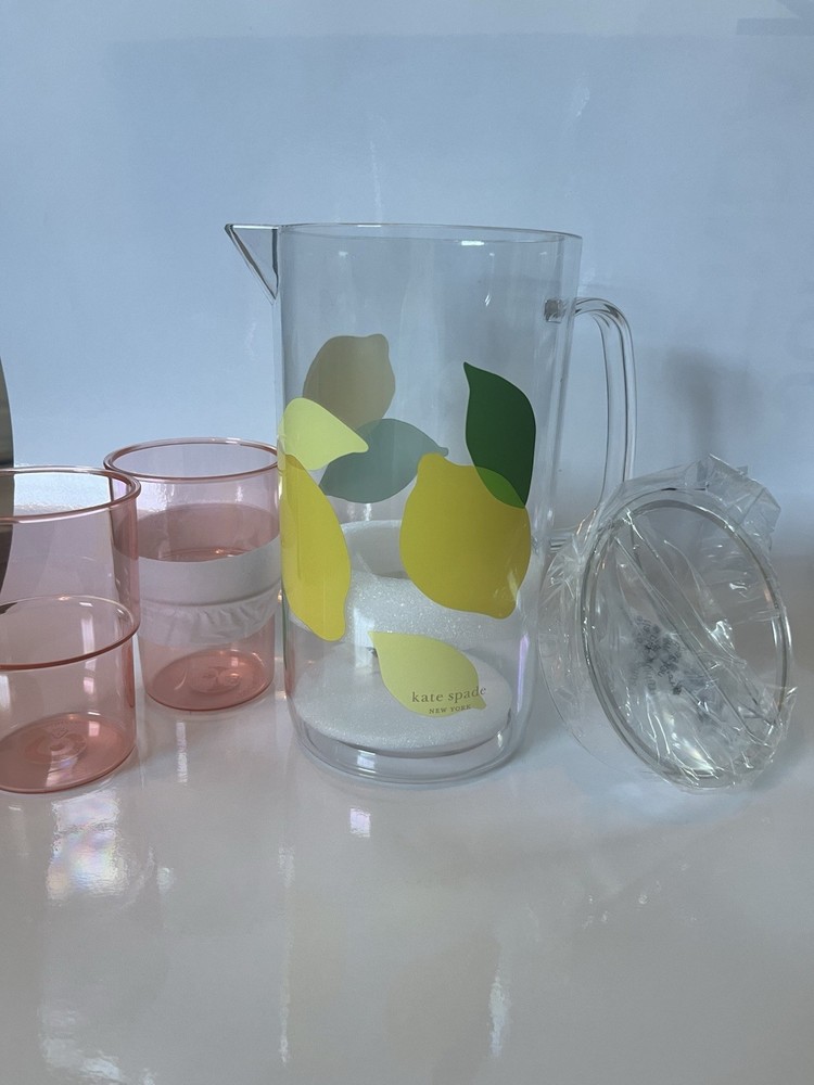 Kate Spade Lemonade Pitcher with Two Glasses Clear Plastic