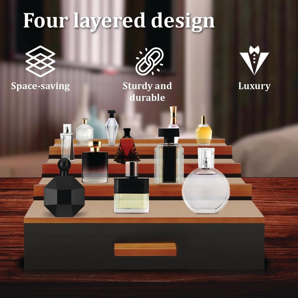 4-Layer Felt Cologne Organizer with Drawer and Hidden Compartment for Men