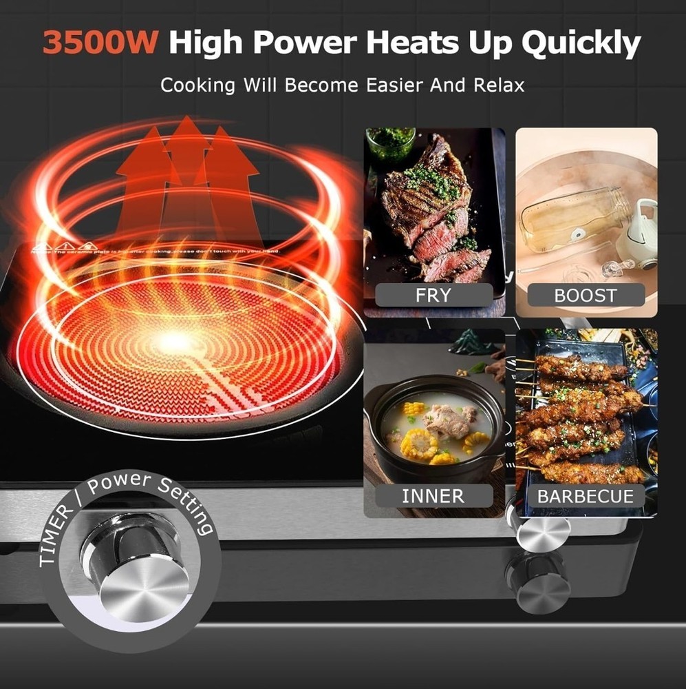 Portable Infrared Burner 3500W Electric Burner with 3-Hour Timer - Touch Control