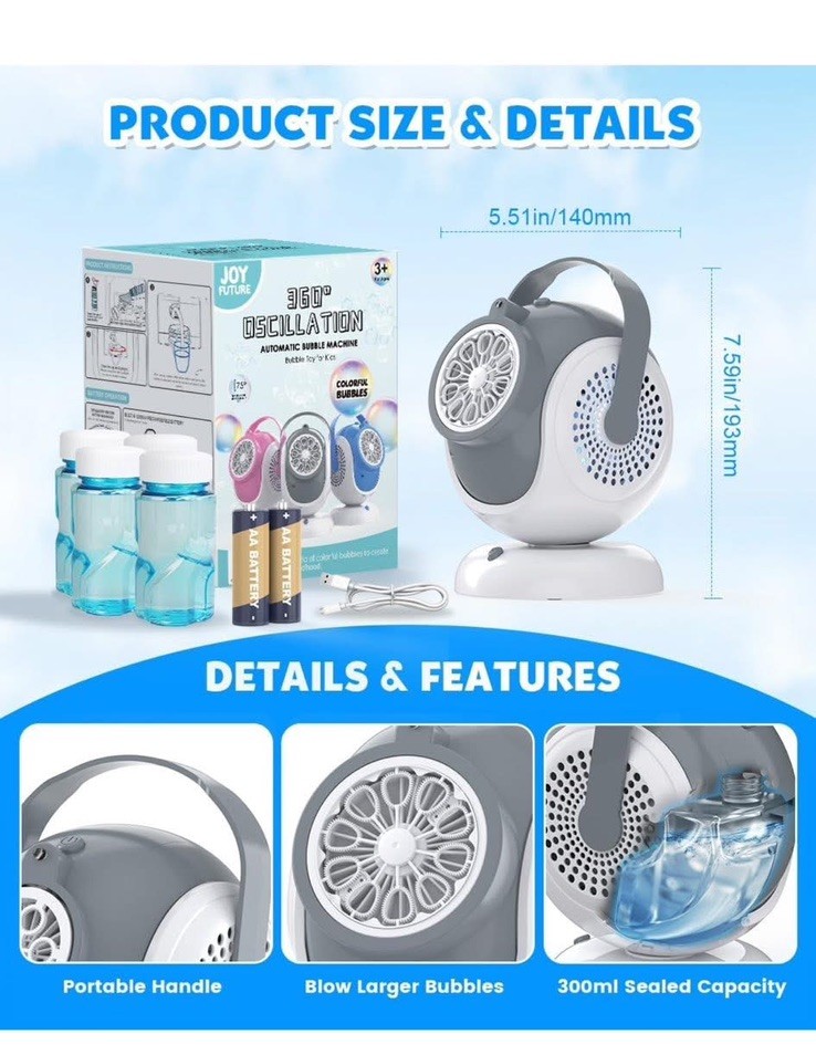Bubble Machine - Automatic Bubbles Blower for Kids, Toddlers - 360° Oscillation