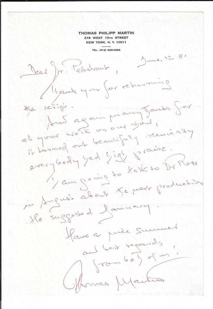 Thomas Phlipp Martin Signed Letter 1981 / Autographed Opera Translator Conductor