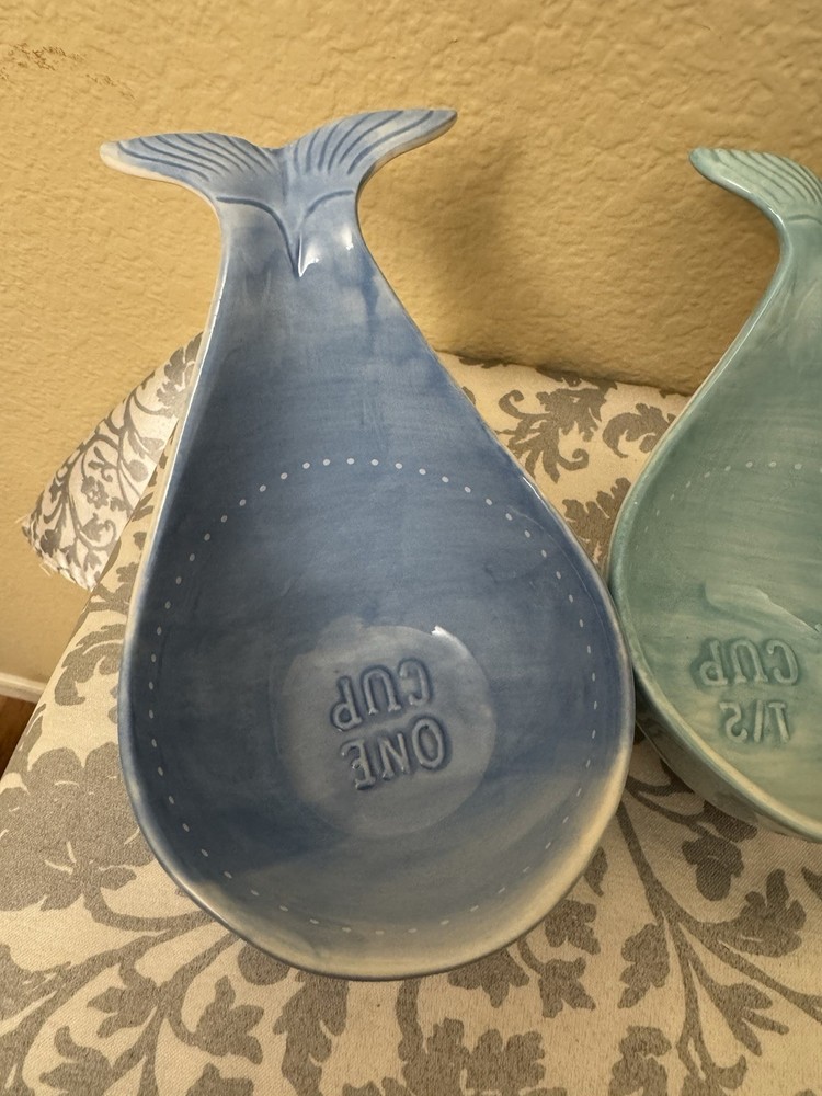 Ceramic Whale Shaped Measuring Cup Set Blue Aqua Nesting 4pcs 1-1/4 Cup