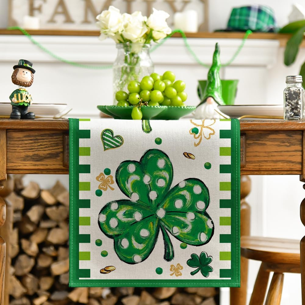 Four Leaf Shamrocks St. Patrick'S Day Table Runner, Lucky Stripes Kitchen Dinin