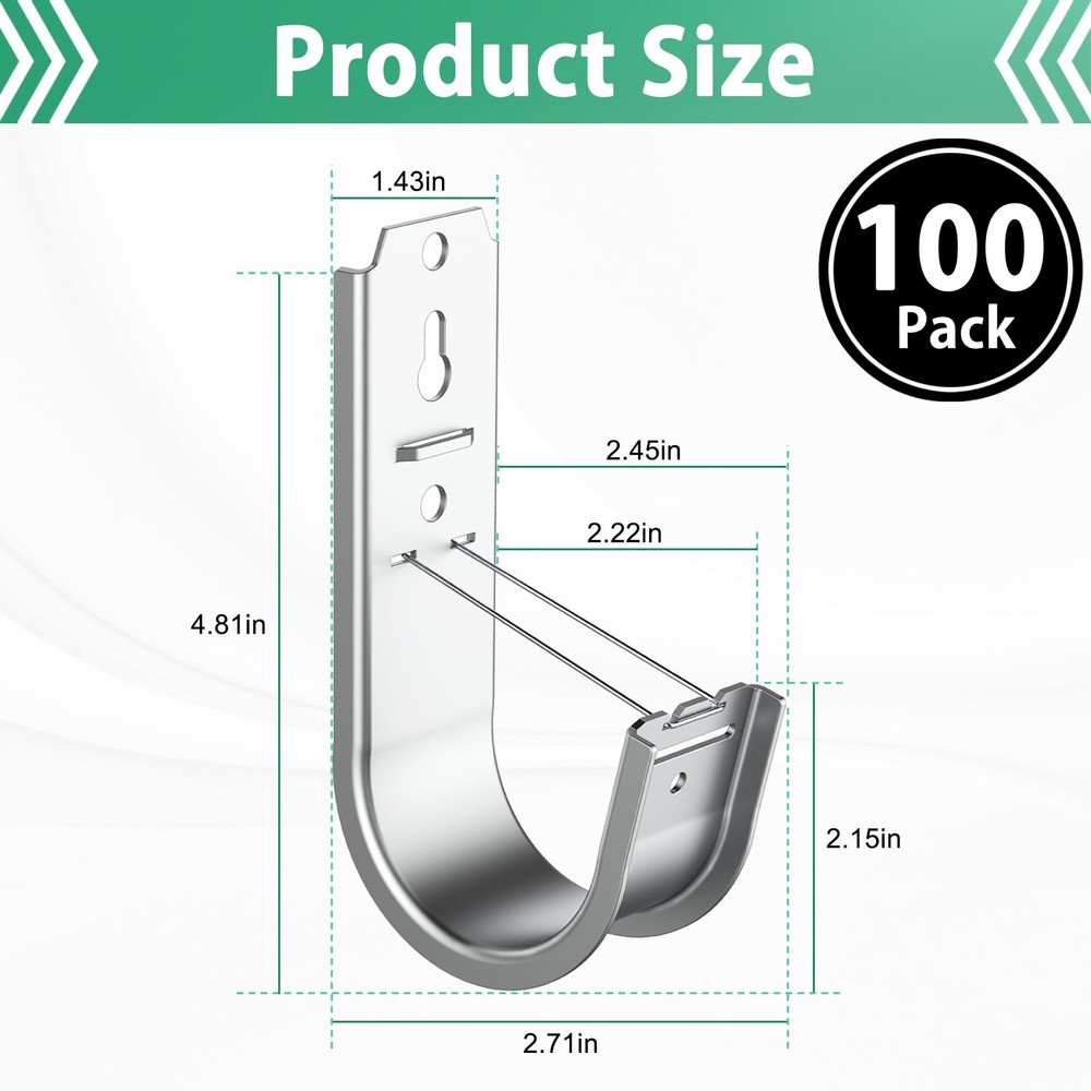100 Pack 2 Inch Cable Support J Hook Wall Mount J Hook with Retainer Clip, Ga...