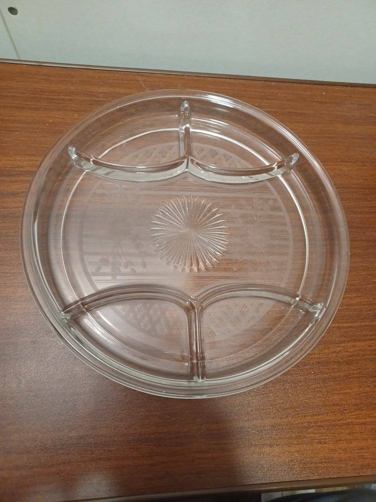 Vtg 10 1/2” Round Crystal Sectioned Vegetable/Dip/Cheese/Cracker Serving Platter