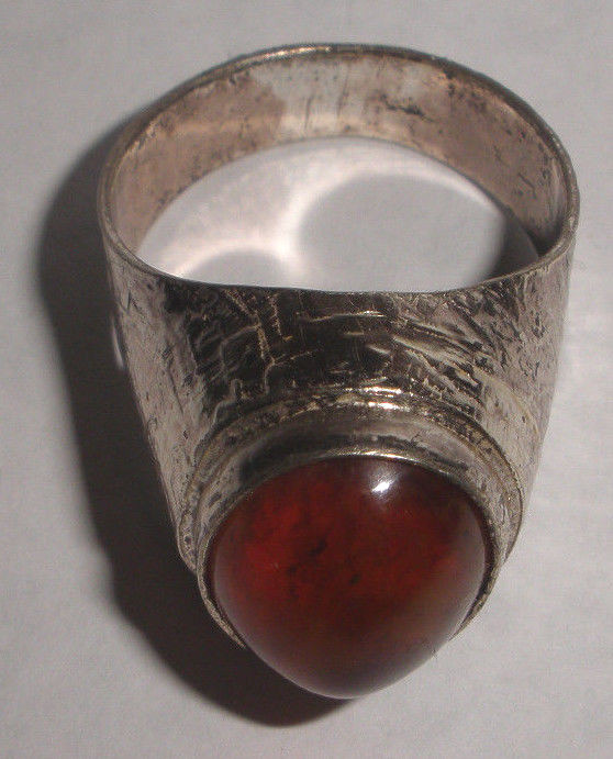 Large sterling silver modernist textured amber signed ring size 13