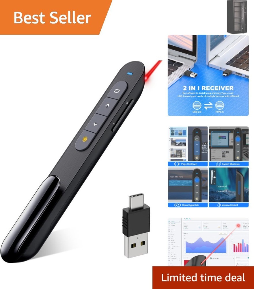 Long-Range Wireless Presenter Remote with Bright Red Laser Pointer - USB-C Ready