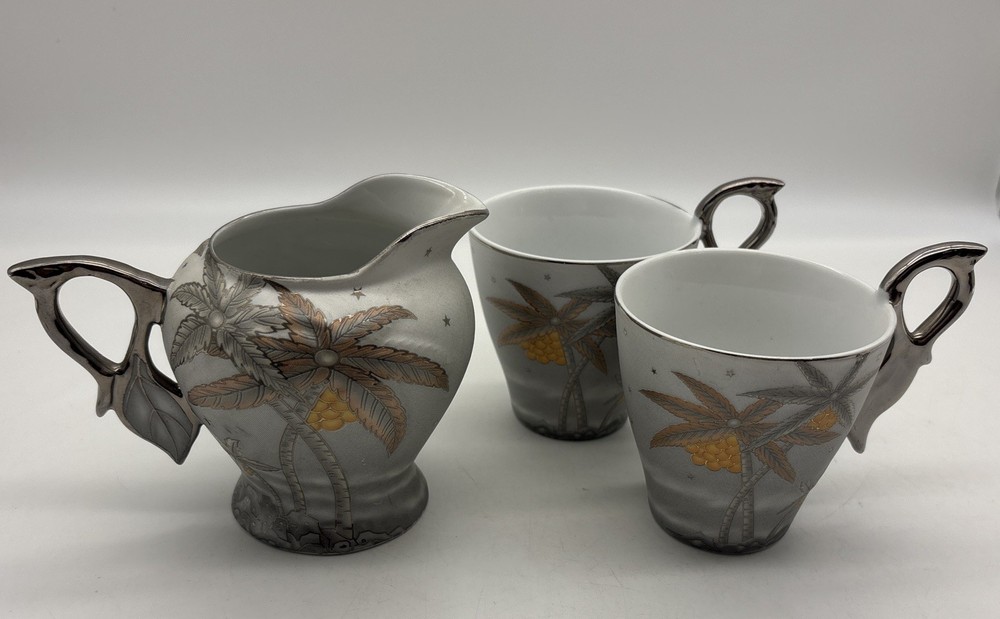 Creamer & (2) tea cup palm tree Silver orange made in Indonesia