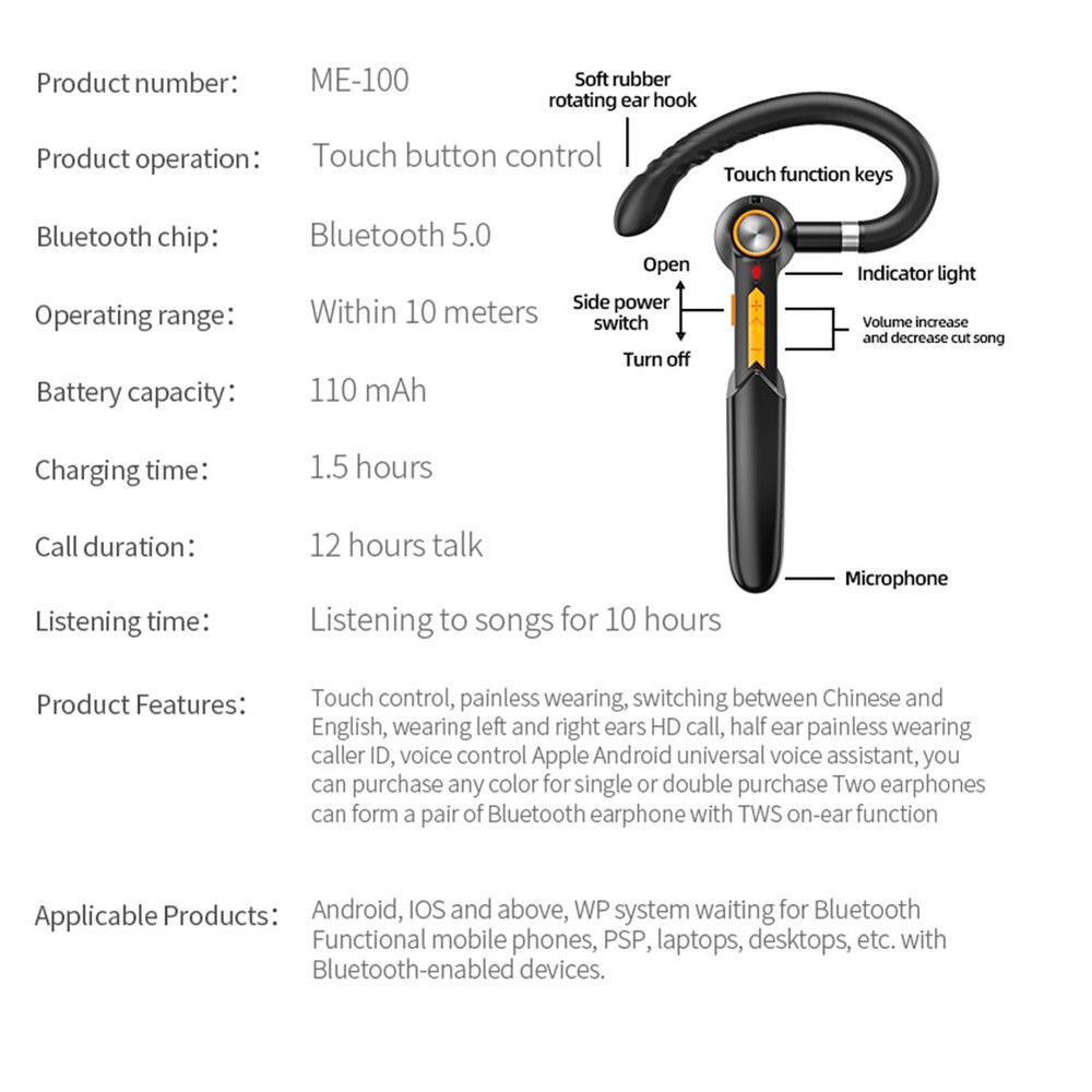 Bluetooth 5.0 Headset Wireless Driver Earpiece with Microphone Rotating Earbuds