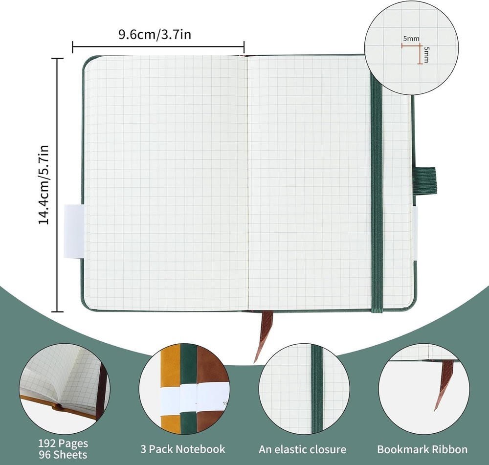 Small Notebook, Pocket Notebook, 3 Pack, Notebook A6,3.7" x Squared
