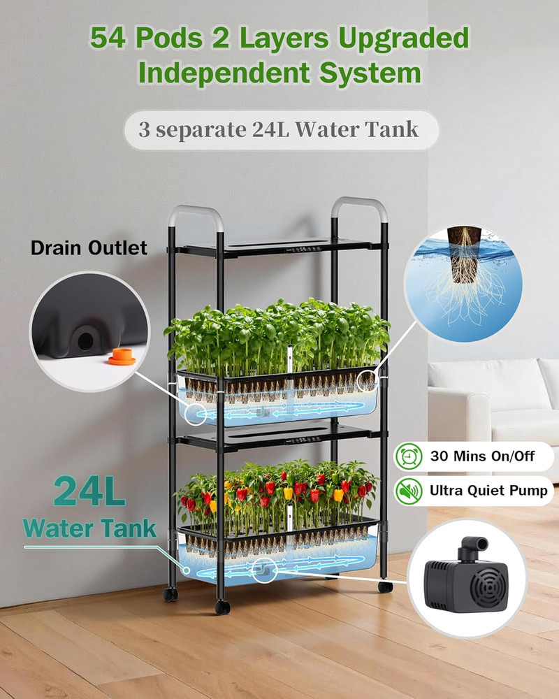 Vertical Hydroponics Growing System with LED Light & Water Pump, 54 Pods