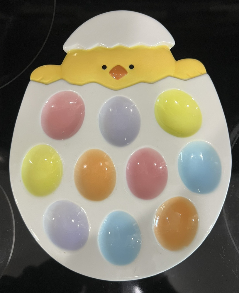 VTG Deviled Egg Platter 10-Slot Ceramic Pastel Multicolor Easter Chick 10" x 8"