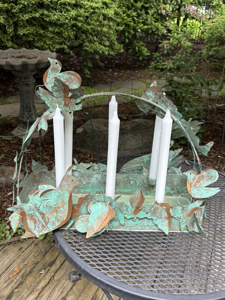 Hand Made Copper Verdigris Bird Leaf Decorated Candle Holder Basket