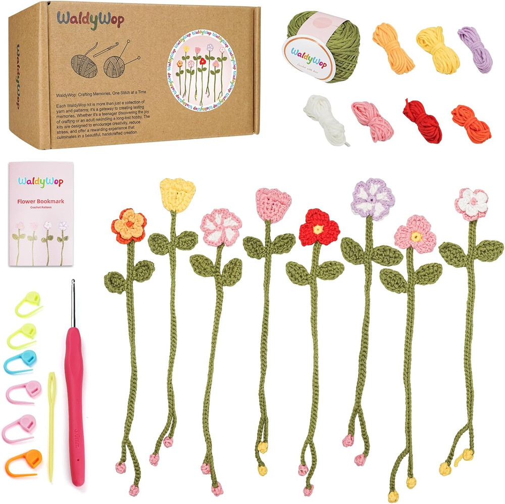 Beginner Crochet Kit: 8 Flower Bookmarks with Video Tutorials & Yarn Set