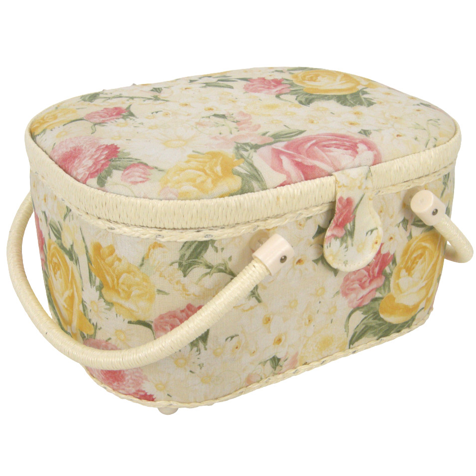 Sewing Basket Cloth Floral Pattern Double Handles Plastic Insert 12" x 9" x 6"