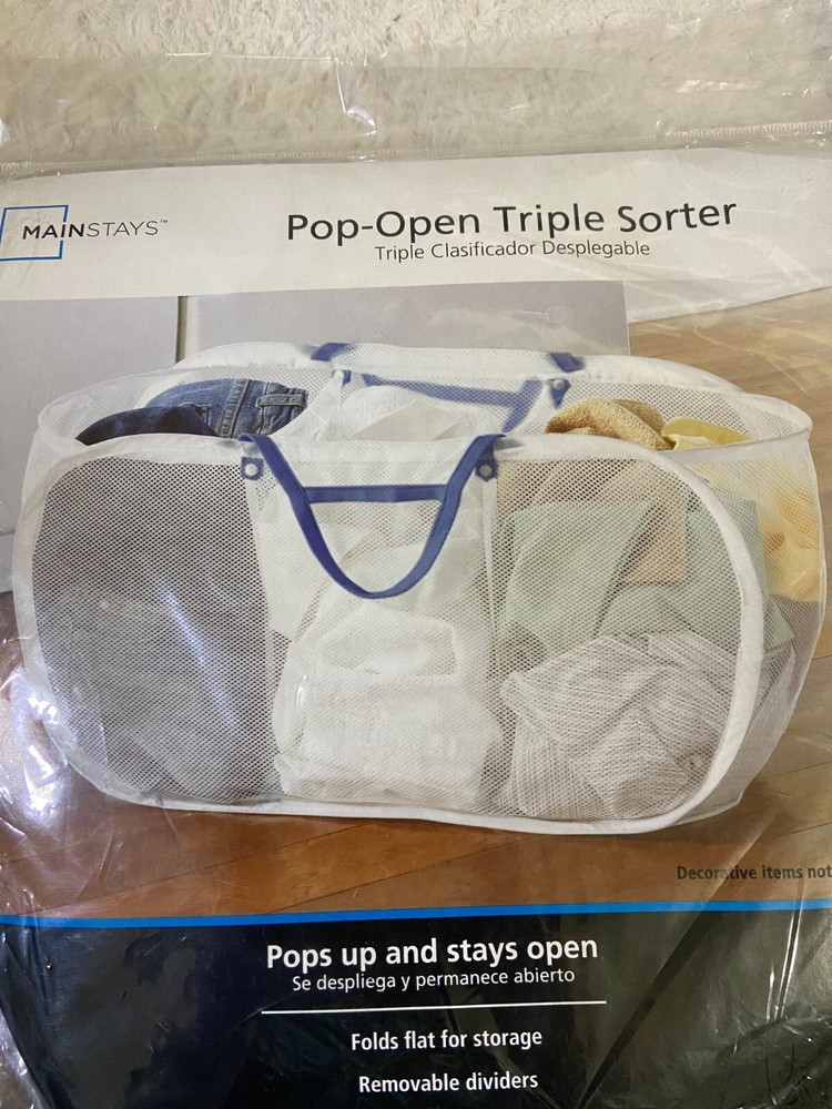 Mainstays White Polyester Mesh Pop-up Triple Sort Laundry Basket