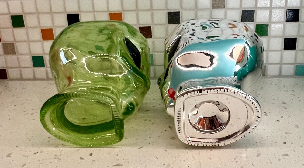 SET: GREEN & CHROME OUTER SPACE VODKA – ALIEN HEAD DECANTER BOTTLES