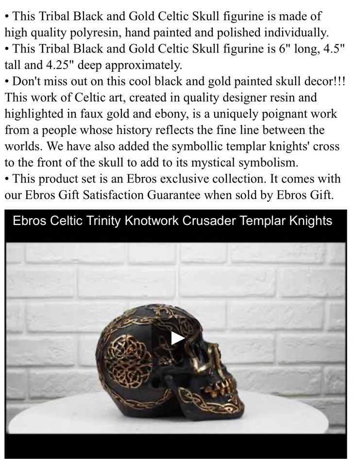 Celtic Trinity Knotwork Crusader Templar Knights Cross Black Gold Skull Statue
