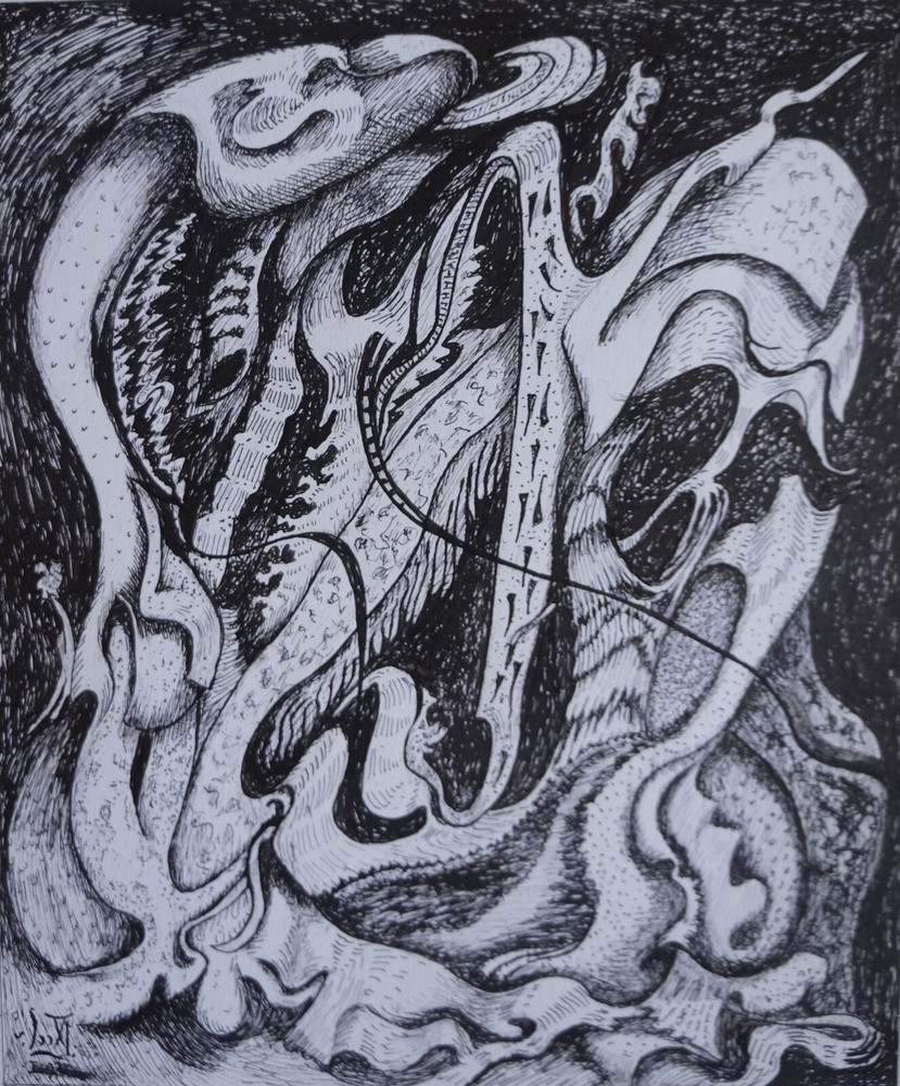 Ink Drawing Composition Signed GUSTAV VON DER LOO (a)