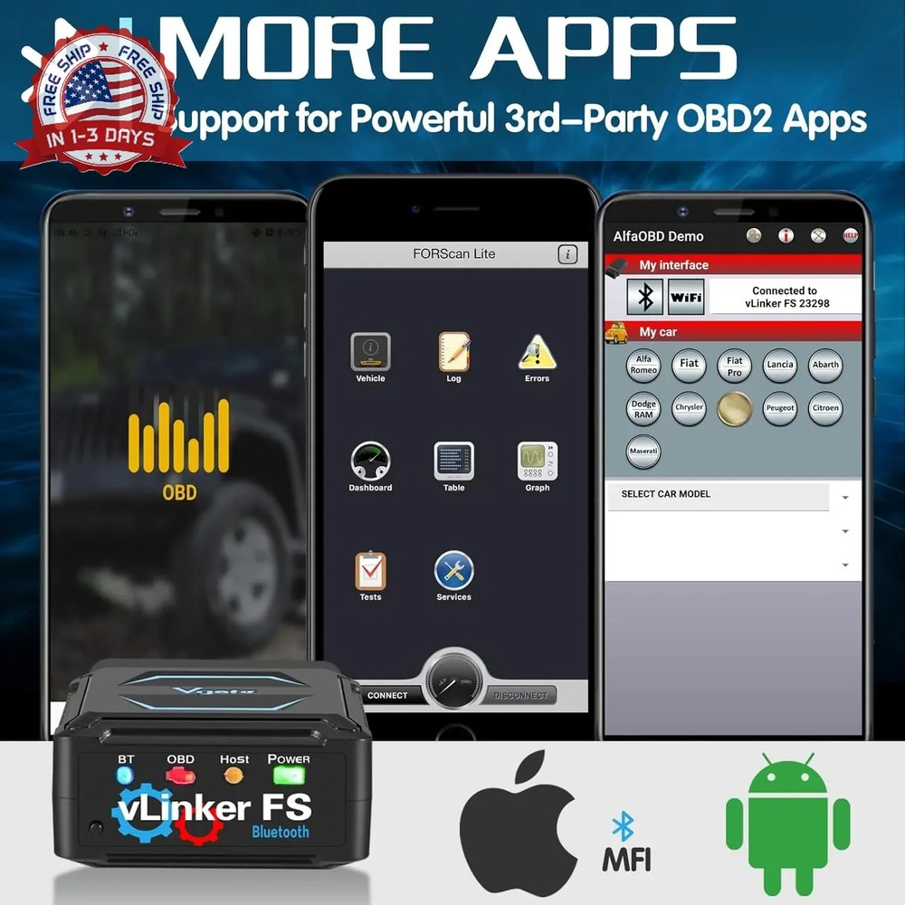 Vgate vLinker FS Bluetooth OBD2 Diagnostic Scan Tool, OBDII Car Code Reader for