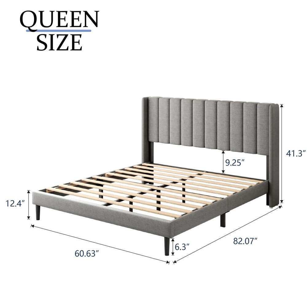 Queen Size Bed Frame with Upholstered Wingback Headboard, Easy Assemnly Platf...