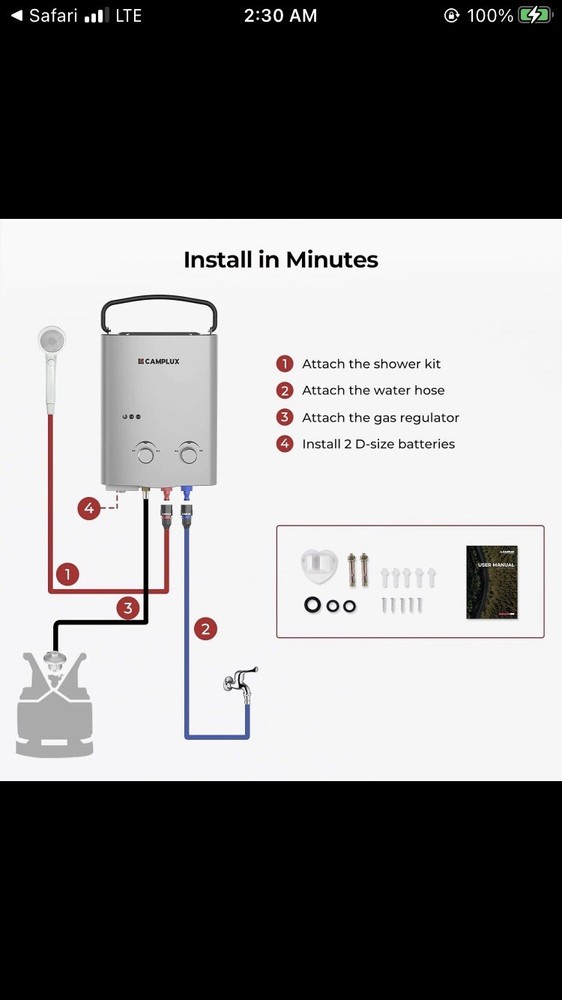 Camplux 5L 1.32 GPM Outdoor Portable Tankless Water Heater Camping AY132G Gray