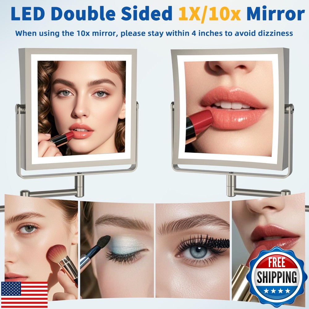 Ruacq Rechargeable Wall Mounted Makeup Mirror with Lights, Double Sided 1X/10