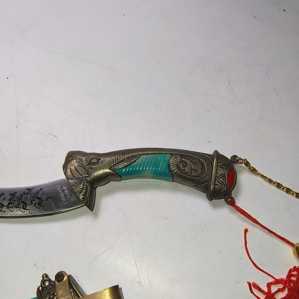 Chinese DAGGER STAINLESS INSCRIBED BLADE 4''ELEPHANT HEAD RUBY STONE & SHEATH