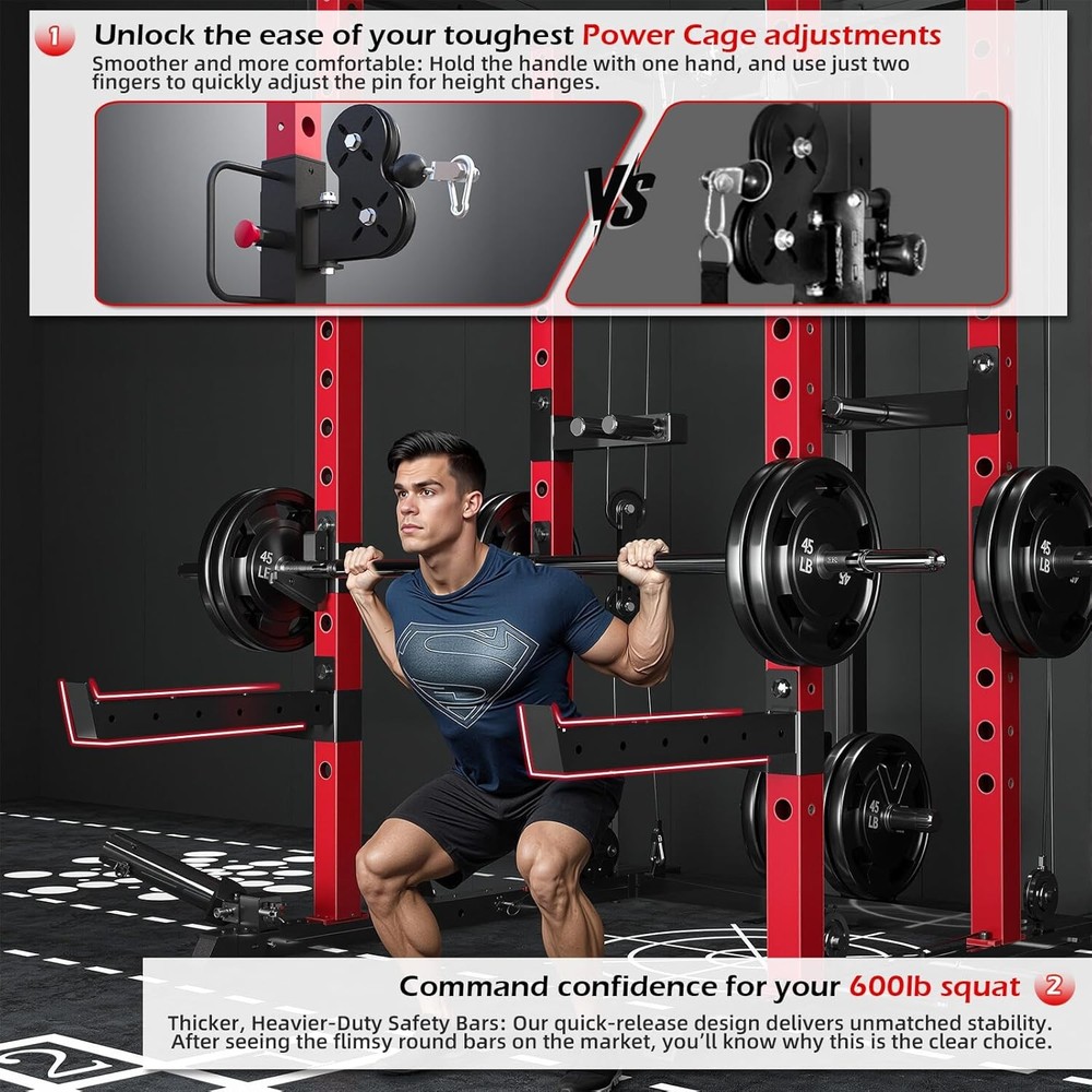 Power Squat Rack Cage, 2000lbs Weight Cable Machine with LAT Pulldown for Sport