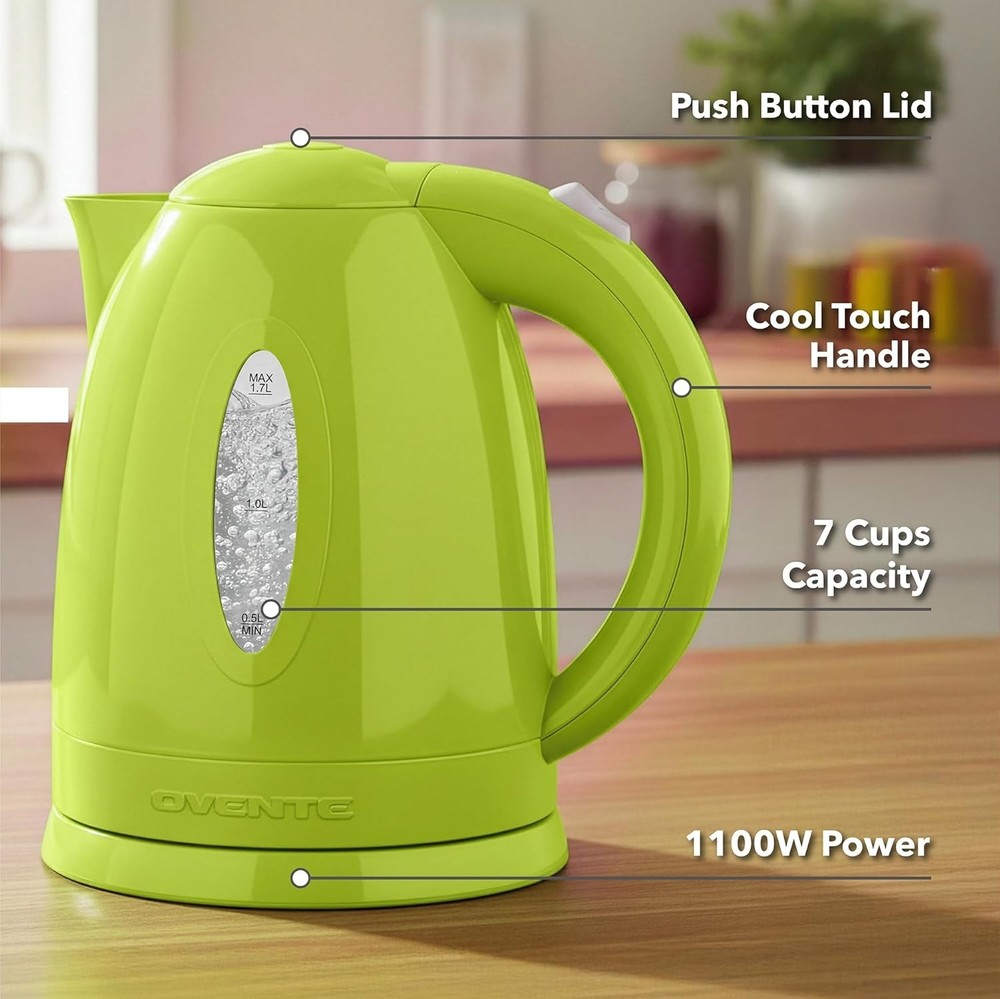 1.7L Fast Boiling Green Electric Kettle with Safety Features & Removable Filter