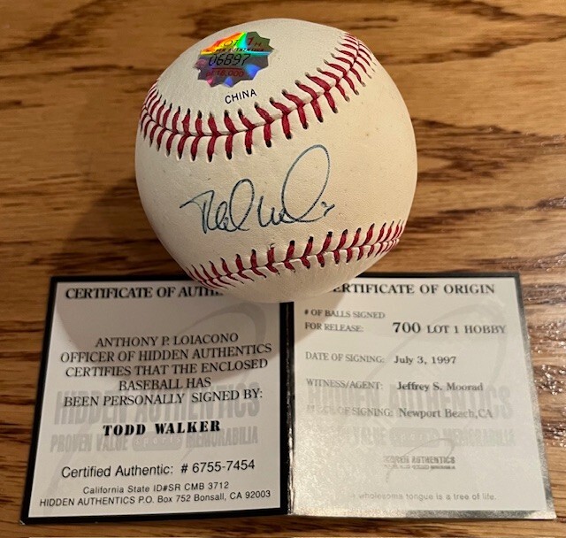 TODD WALKER Autographed Signed Official League Baseball Hidden Authentics COA
