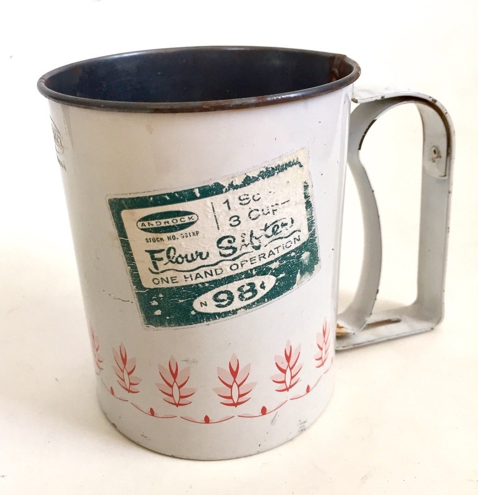 Vtg Androck Flour Sifter 3 Cup White Wheat Litho Rustic Rusty Kitchen Decor