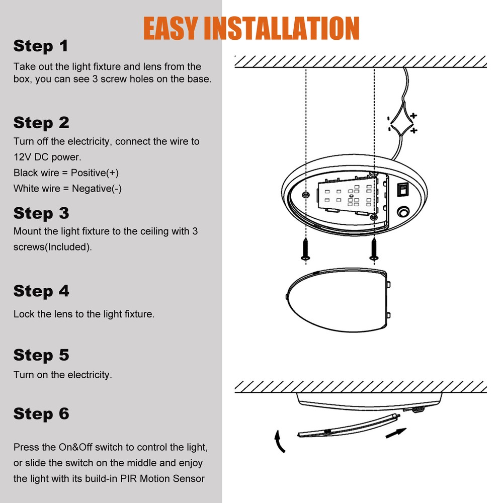 Facon RV 12V LED Dome Light w/Switch & Motion Sensor for Camper Trailer Boat RV