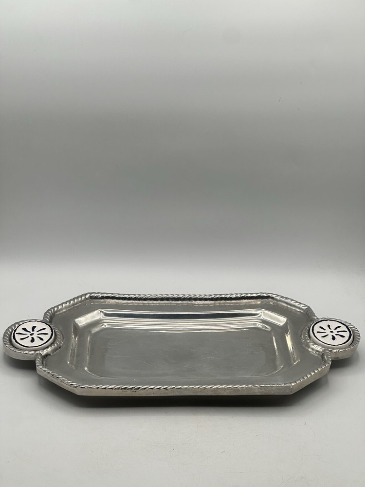 Pewter Mexicano Platter With Ceramic Tile Handle Embellishments