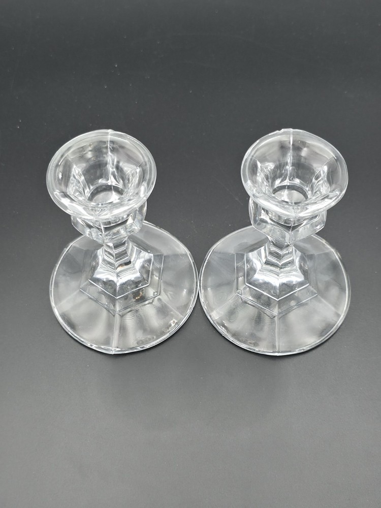 Vintage MCM Pair Solid Clear Glass Taper Candlestick Holders 4" Tall