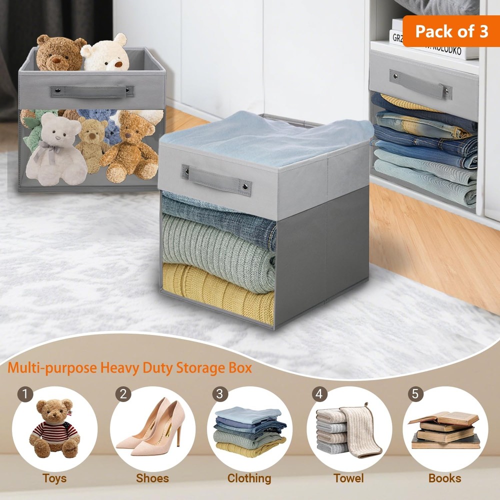 3-Pack Foldable Storage Cubes with Clear Window,Heavy Duty Fabric Storage Bin...